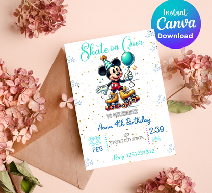 Mickey Mouse Roller Skating Birthday Invitation | Retro Skating Party | Editable Canva Template | Printable Kids Birthday Invite