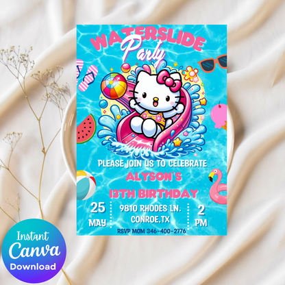 Hello Kitty Pool Waterslide Invitation | Editable Canva Template | Kawaii Summer Slide & Splash Birthday Invite | Printable Girls Party Invitation