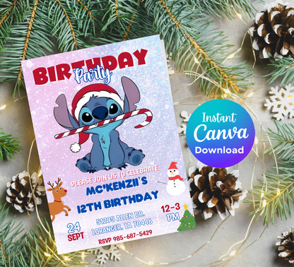 Stitch Christmas Winter Birthday Invitation | Cute Holiday Party Invite | Editable Template