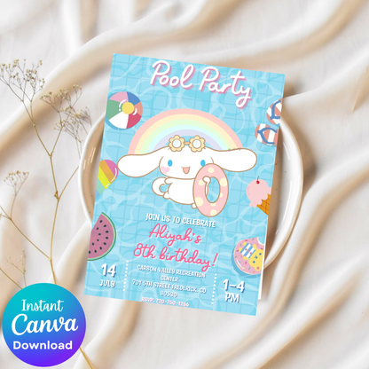 Cinnamoroll Kawaii Pool Birthday Invitation | Pastel Blue Summer Swim Invite | Editable Canva Template | Cute Aesthetic Splash Bash