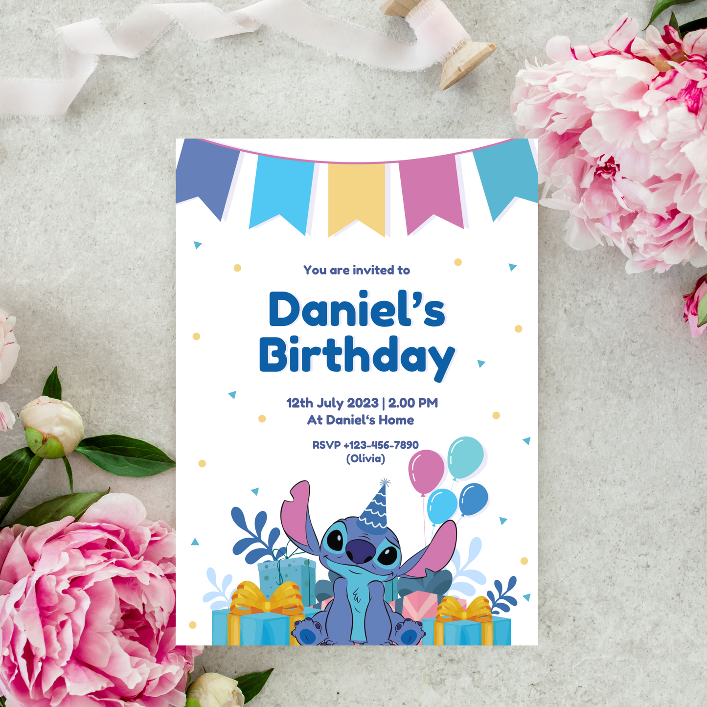 Stitch Blue Birthday Invitation 💙🎉 | Cute Kids Party Invite | Editable Digital Template