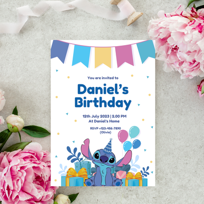 Stitch Blue Birthday Invitation 💙🎉 | Cute Kids Party Invite | Editable Digital Template