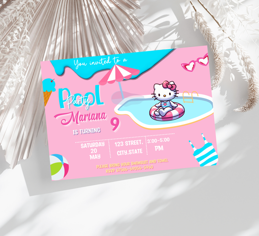 Hello Kitty Pink Pool Birthday Invitation | Kawaii Summer Swim Party | Editable Canva Template