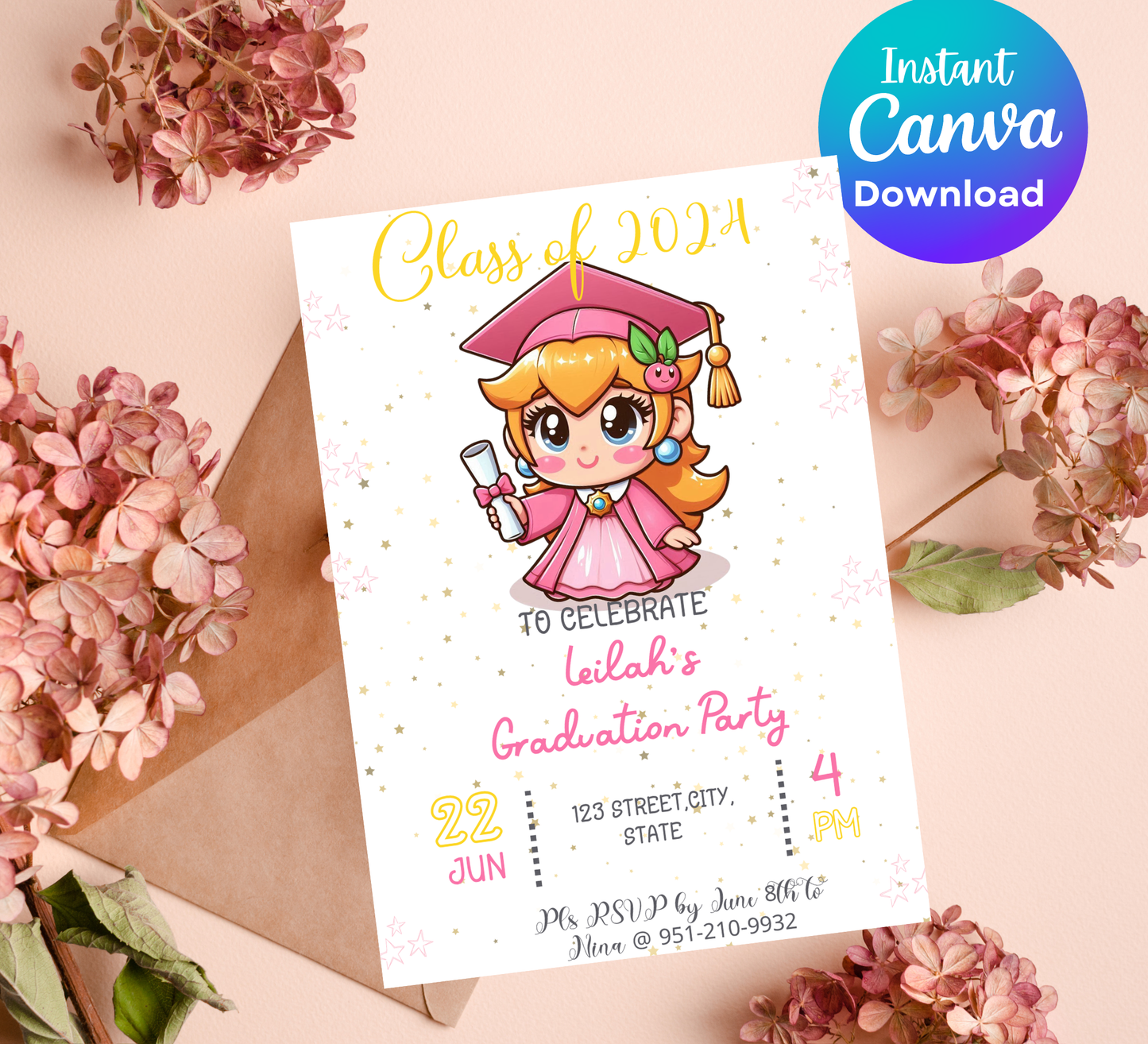 Princess Peach Mario Brothers Graduation Invitation | Kindergarten & School Invite | Editable Canva Template | Level Up