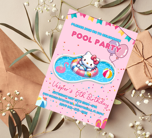 Hello Kitty Pink Pool Party Birthday Invitation | Kawaii Summer Swim Invite | Editable Canva Template | Cute Printable Birthday Invitation