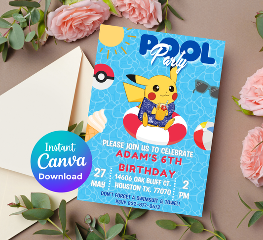 Pikachu Pool Pokémon Birthday Invitation | Summer Splash Party | Editable Digital Invite