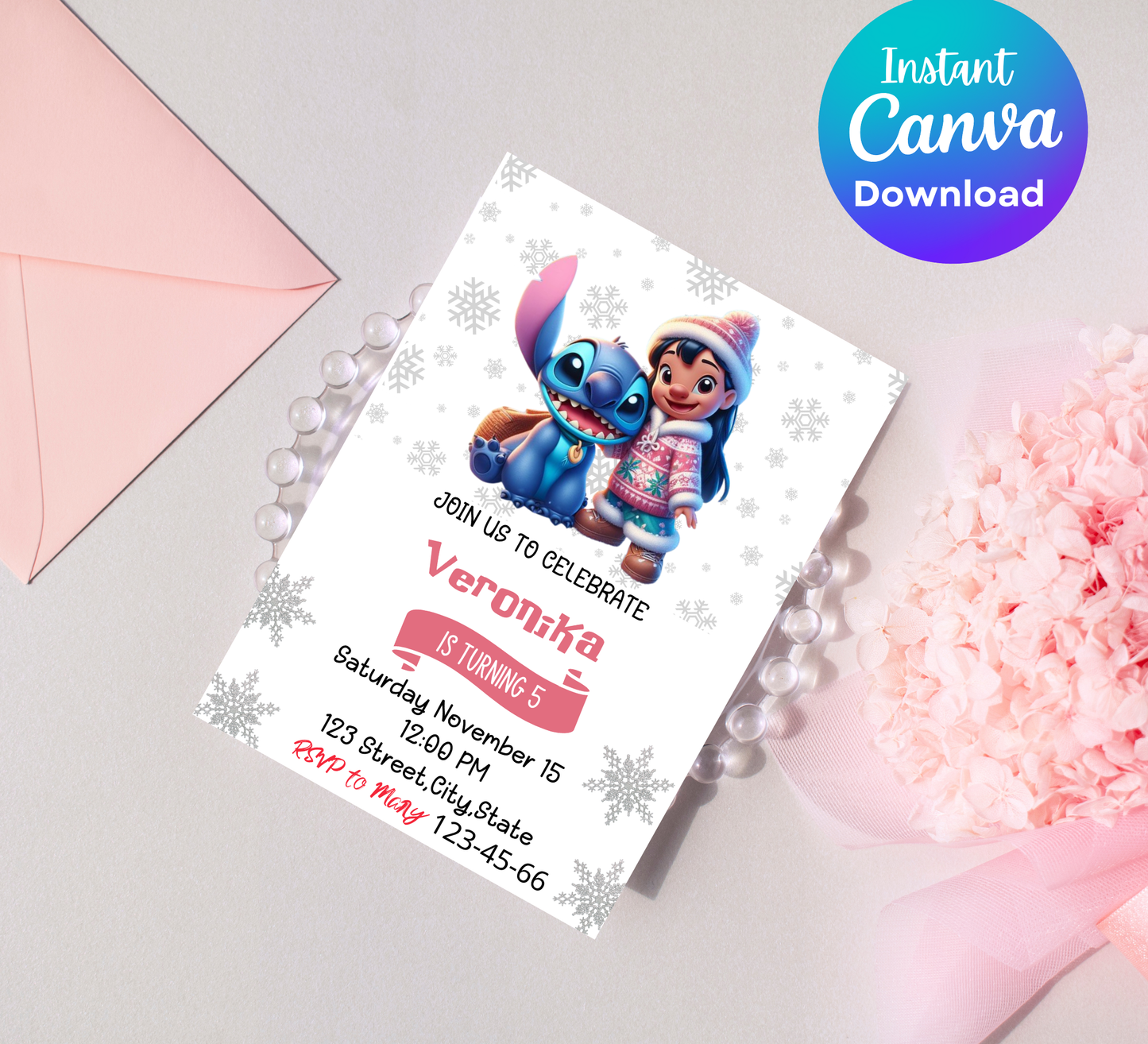 Stitch & Lilo Winter Snowflake Birthday Invitation | Frozen Blue Winter Party | Editable Canva Template | Printable Cute Birthday Invite