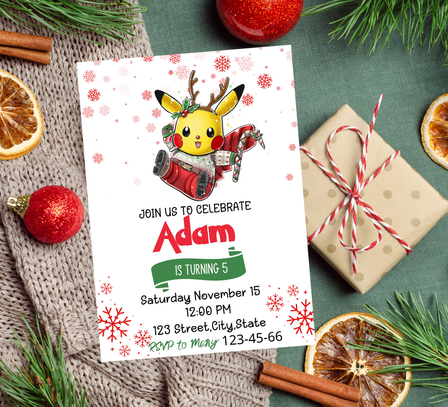 Pikachu Pokémon Winter Birthday Invitation | Snowy Party Invite | Editable Template