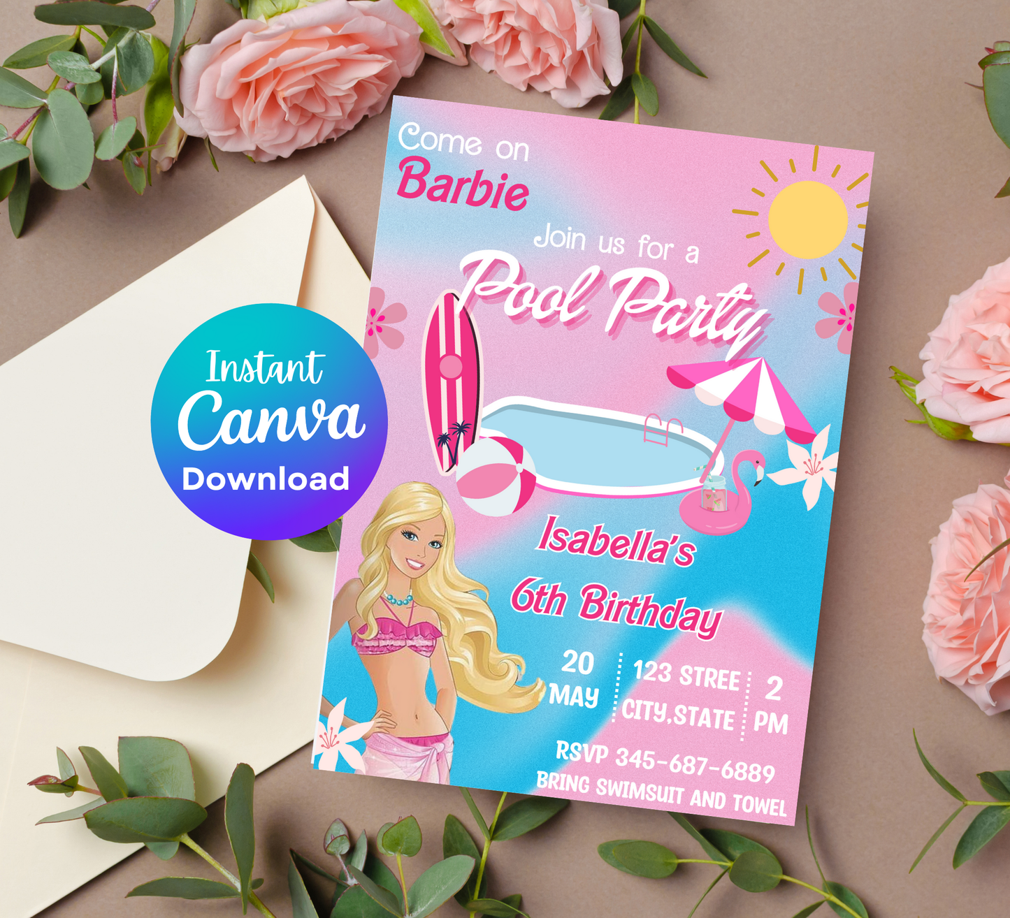 Barbie Pool Pink Birthday Invitation | Glam Summer Party | Editable Digital Invite