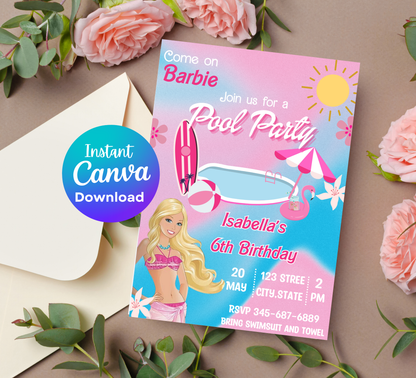 Barbie Pool Pink Birthday Invitation | Glam Summer Party | Editable Digital Invite