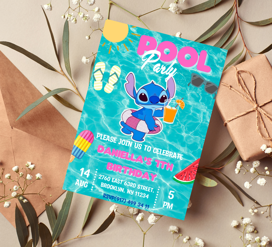 Stitch Pool Birthday Invitation | Tropical Swim Party Invite | Editable Canva Template