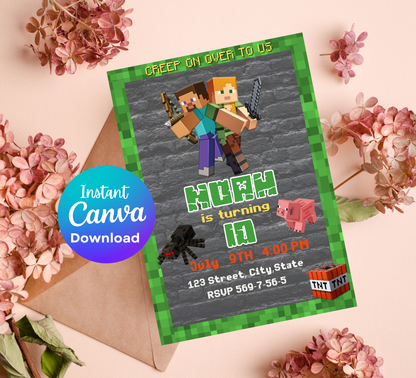 Minecraft Kids Birthday Invitation | Pixel Game Party Invite | Editable Digital Template