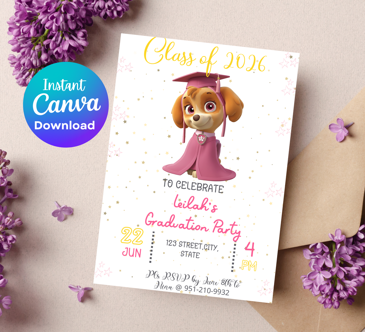 Skye Paw Patrol Graduation Invitation | Kindergarten & Preschool Invite | Pink Skye Graduation Party | Editable Canva Template