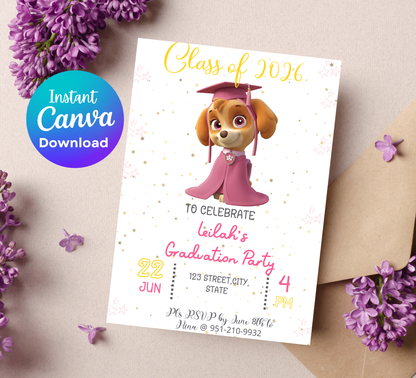 Skye Paw Patrol Graduation Invitation | Kindergarten & Preschool Invite | Pink Skye Graduation Party | Editable Canva Template