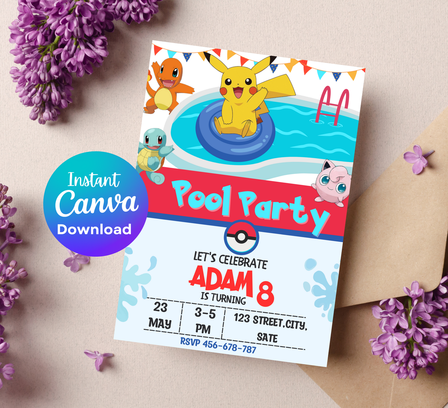 Pokémon Pool Birthday Invitation | Summer Splash Party Invite | Editable Digital Template