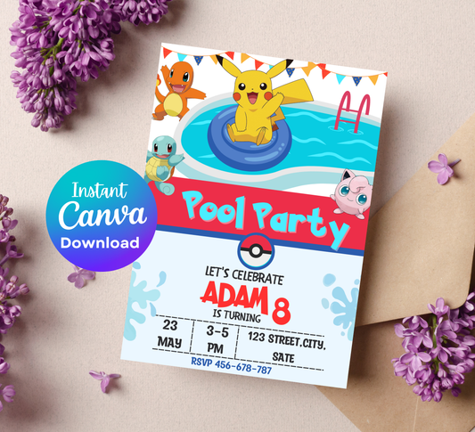 Pokémon Pool Birthday Invitation | Summer Splash Party Invite | Editable Digital Template
