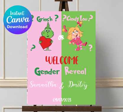 Grinch & Cindy-Lou Gender Reveal Invitation | Pink & Green Holiday Theme | Editable Canva TemplateGrinch & Cindy-Lou Gender Reveal Invitation | Pink & Green Holiday Theme | Editable Canva Template