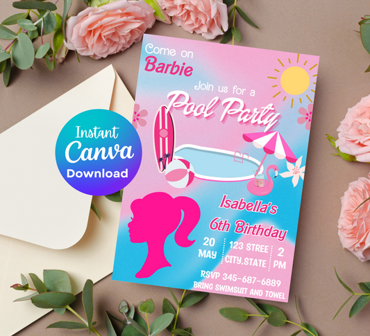 Barbie Pool Pink Birthday Invitation | Editable Canva Template | Summer Swim Party Invite | Printable Girls Birthday Invitation