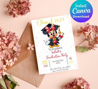Minnie Mouse Graduation Invitation | Kindergarten & School Invite | Editable Canva Template | Cute Minnie Class of 2026 Graduation Party