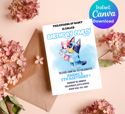 Bluey Baby Shower Invitation – Editable Canva Template – Cute Heeler Family Baby Shower Invite – Bluey & Bingo New Baby Printable