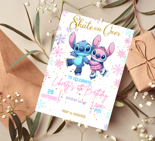 Stitch & Angel Ice Skating Winter Birthday Invitation | Snowy Birthday Party Invite | Editable Canva Template | Cute Winter Celebration Invitation