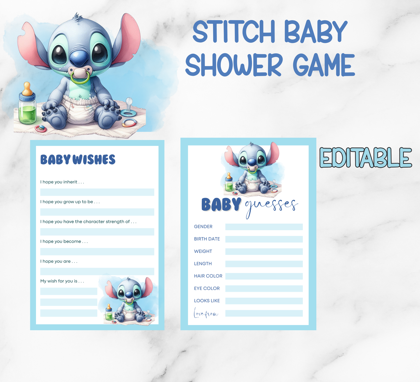 Stitch Baby Shower Games Bundle | Printable Hawaii Party Games | Editable Canva Template | Ohana Means Family Baby Shower Activities | Tropical Puppy & Angel Game Set