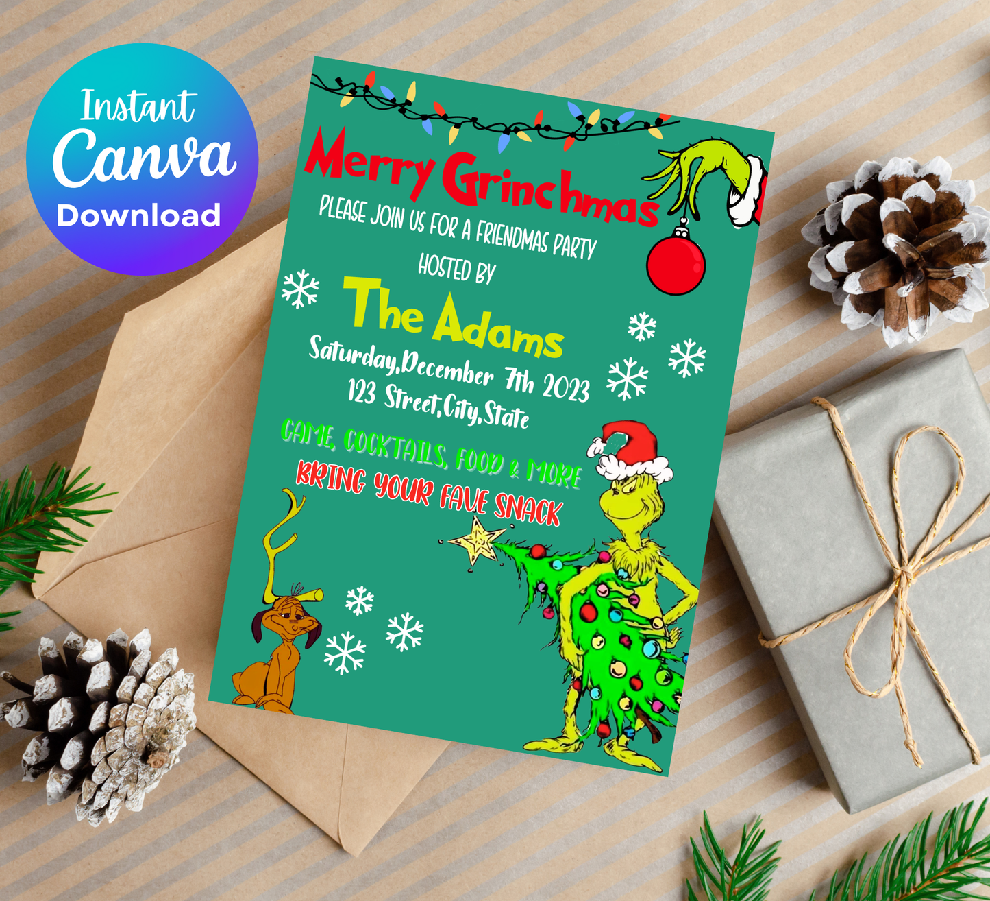 Grinch Green Christmas Invitation | Merry Grinchmas Holiday Party Invite | Editable Template