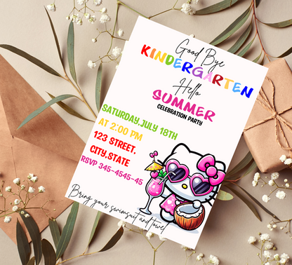 Hello Kitty Goodbye Kindergarten Hello Summer Pool Party Invitation | Cute End of School Invite | Editable Canva Template | Kawaii Summer Swim Invitation