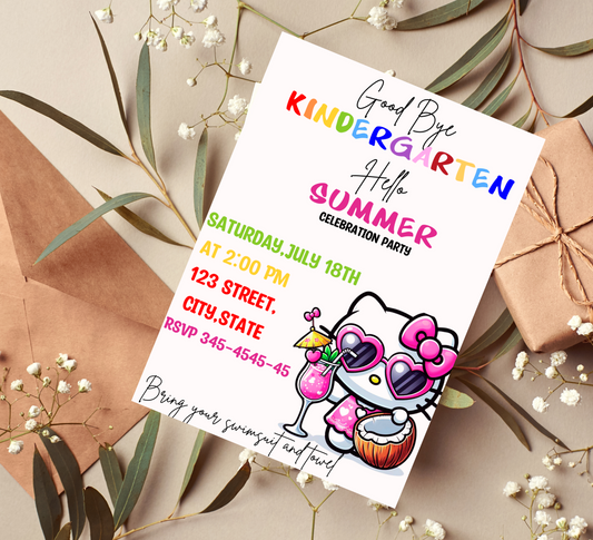 Hello Kitty Goodbye Kindergarten Hello Summer Pool Party Invitation | Cute End of School Invite | Editable Canva Template | Kawaii Summer Swim Invitation