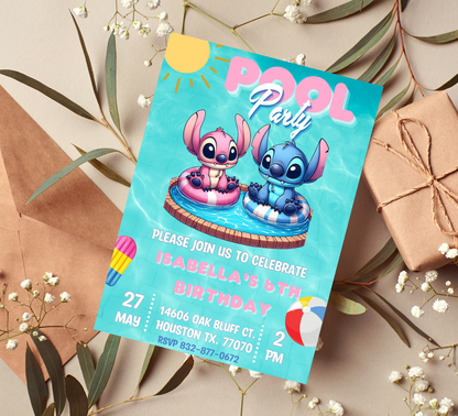Stitch & Angel Pool Birthday Invitation 💗💙💦 | Cute Summer Swim Party | Editable Digital Template