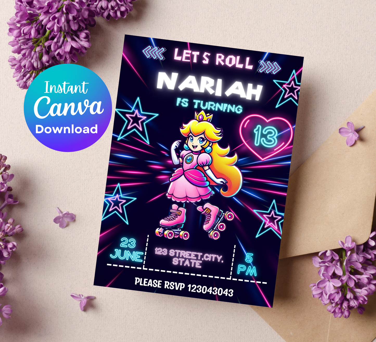 Mario Brothers Princess Peach Roller Skating Neon Birthday Invitation | Glow Party Editable Canva Template