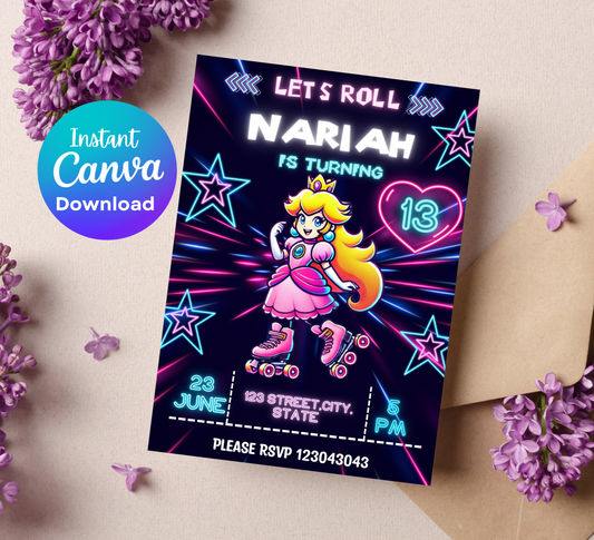 Mario Brothers Princess Peach Roller Skating Neon Birthday Invitation | Glow Party Editable Canva Template