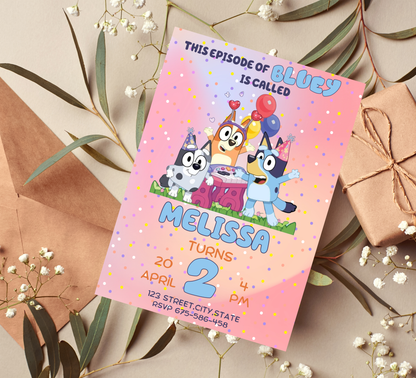 Bluey Pink Gradient Birthday Invitation | Cute Girls Party Invite | Editable Canva Template