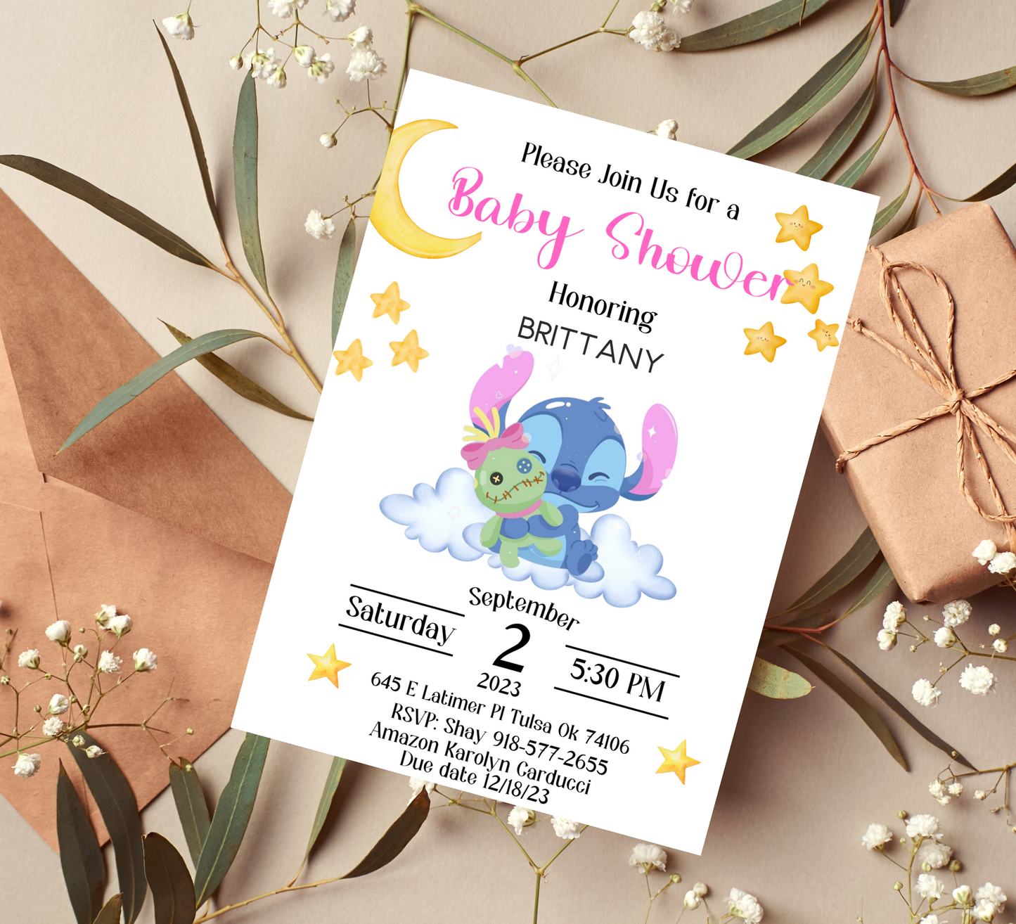 Stitch Pink Baby Shower Invitation | Cute Aloha Girl Baby Shower | Editable Canva Template