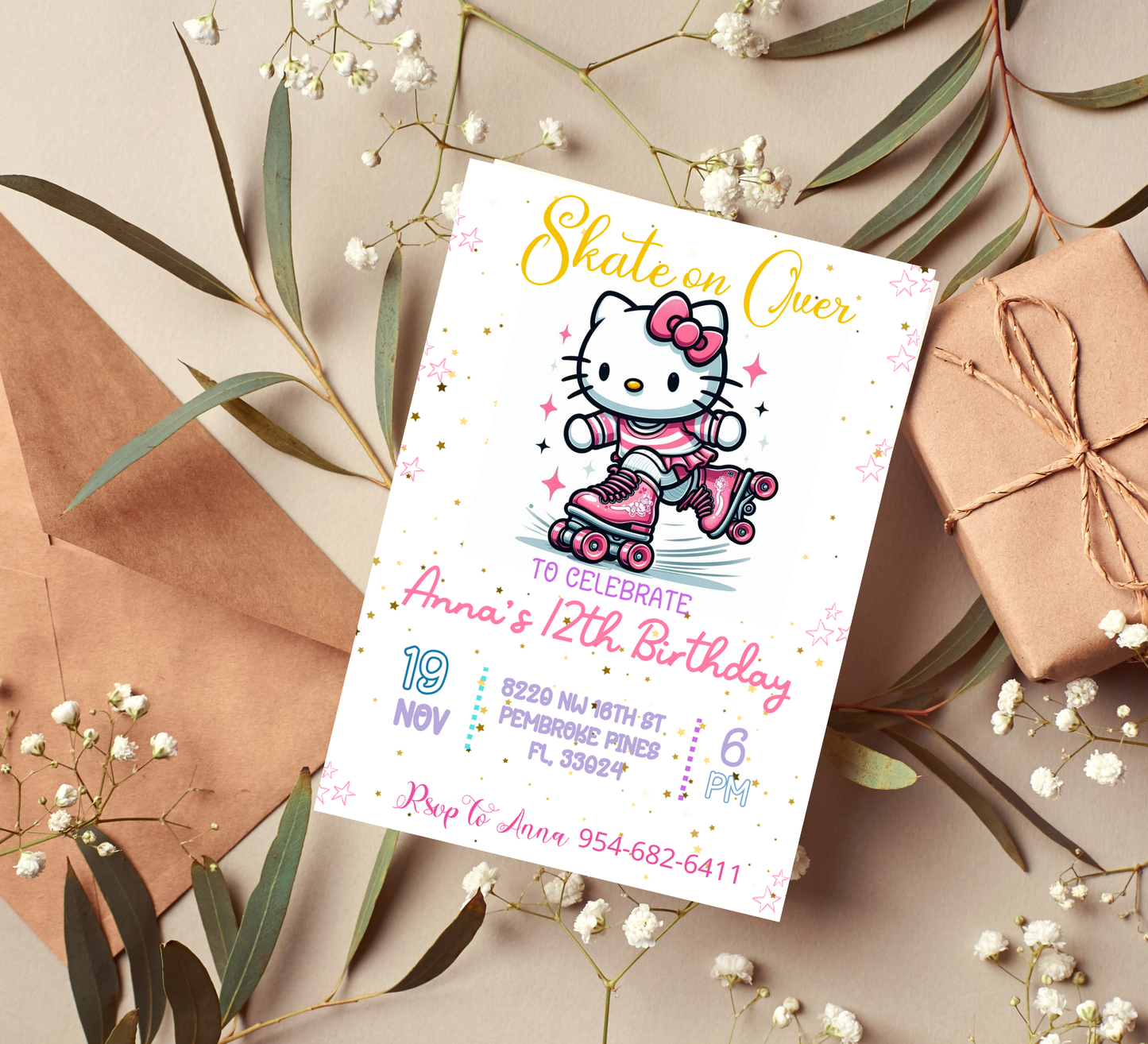 Hello Kitty Kawaii Roller Skating Birthday Invitation | Cute Skating Party | Editable Template
