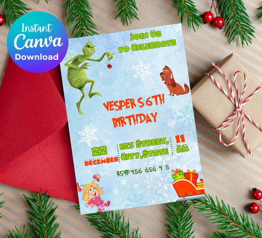 Grinch Grinchmas Birthday Invitation | Green Christmas Party Invite | Editable Holiday Template