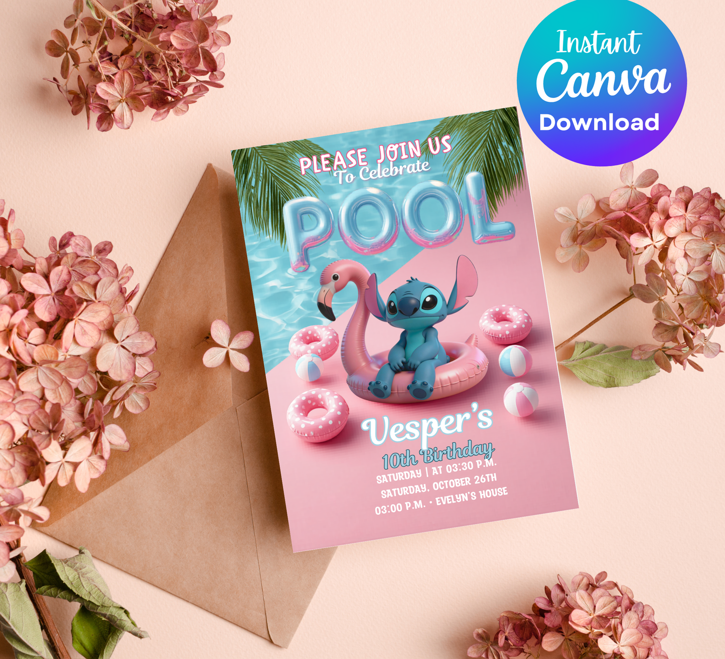 Stitch Pool Party Birthday Invitation – Editable Canva Template – Tropical Summer Swim Party Invite – Blue Alien Splash Birthday Invitation