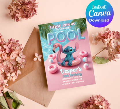 Stitch Pool Party Birthday Invitation – Editable Canva Template – Tropical Summer Swim Party Invite – Blue Alien Splash Birthday Invitation