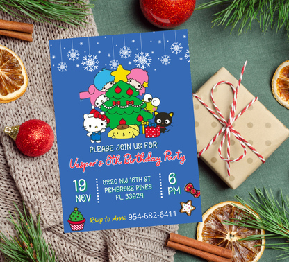 Hello Kitty & Friends Christmas Winter Birthday Invitation | Kawaii Holiday Party | Editable Template
