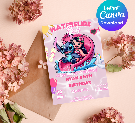 Stitch & Lilo Pink Waterslide Pool Birthday Invitation | Tropical Summer Swim Party | Editable Canva Template | Cute Pool Slide Printable