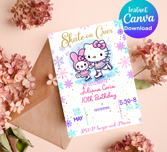 Hello Kitty & My Melody Ice Skating Winter Birthday Invitation | Cute Snow Party | Editable Template