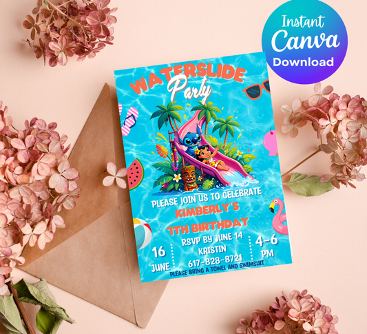 Stitch & Lilo Tropical Waterslide Birthday Invitation | Hawaiian Pool Party Invite | Editable Canva Template | Aloha Summer Birthday Printable