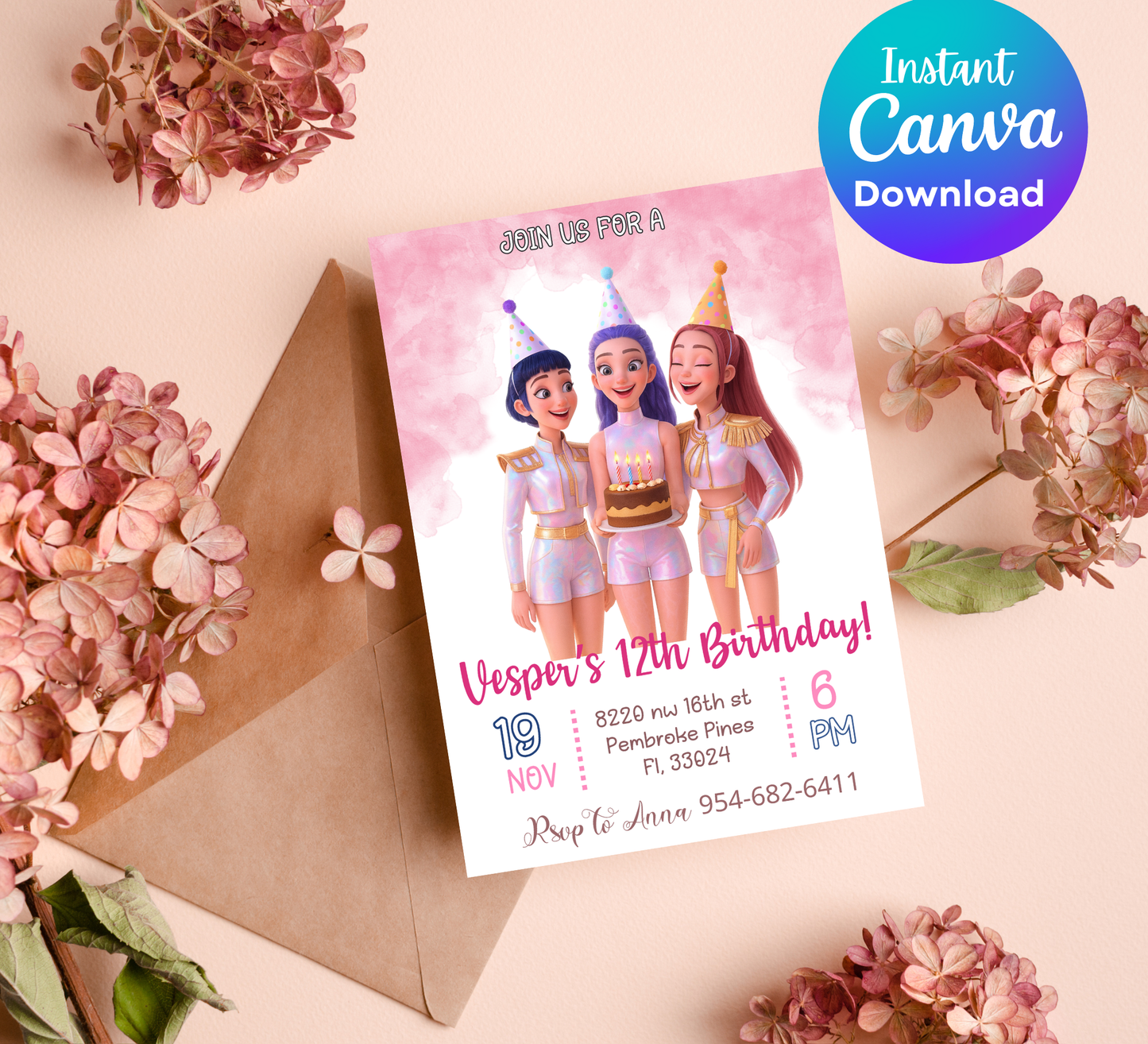 K-Pop Demon Hunters Birthday Invitation | Rumi Mira Zoye Anime Invite | Editable Canva Template | Kawaii Cyber Pop Party