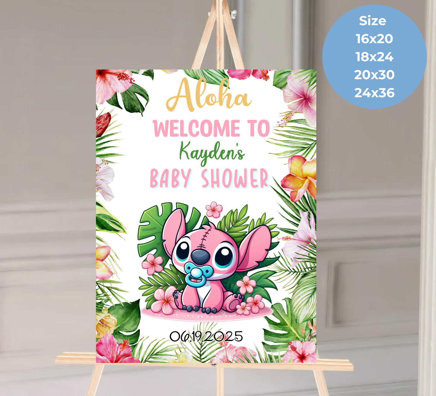 Stitch Pink Aloha Baby Shower Welcome Sign – Editable Canva Template – Tropical Hawaii Baby Shower Decor – Ohana Welcome Poster – Instant Download Printable