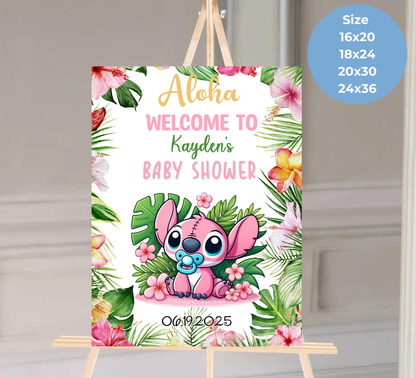 Stitch Pink Aloha Baby Shower Welcome Sign – Editable Canva Template – Tropical Hawaii Baby Shower Decor – Ohana Welcome Poster – Instant Download Printable