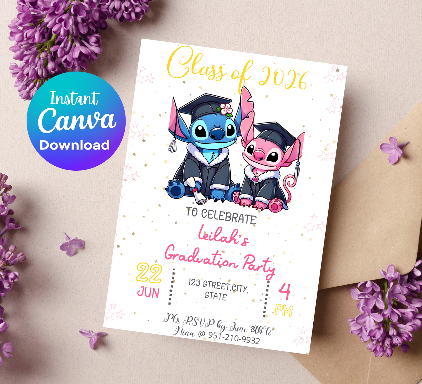 Stitch & Angel Graduation Invitation | Kindergarten & School Moving Up Party | Editable Canva Template | Stitch Graduation Announcement | Pink & Blue School Leavers Invite