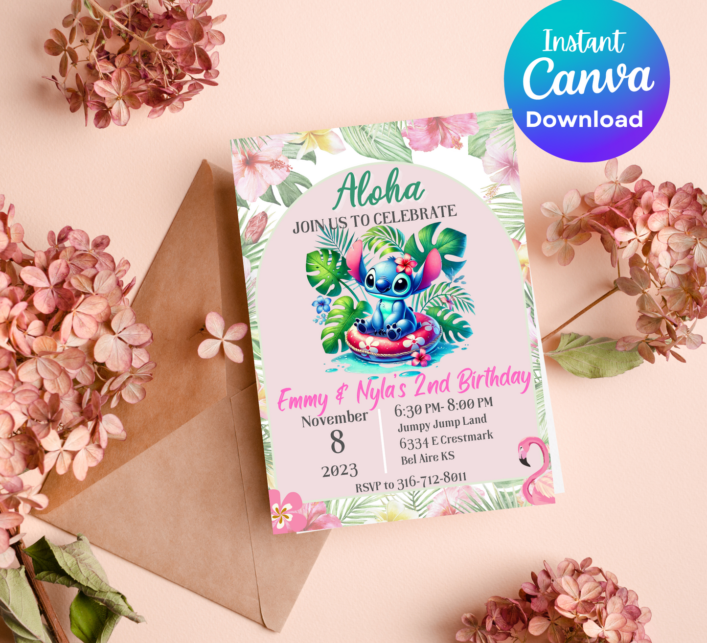 Stitch Aloha Tropical Pool Birthday Invitation | Hawaiian Luau Party Invite | Editable Canva Template | Cute Beach Swim Birthday Invitation