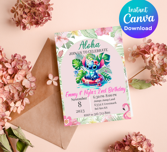 Stitch Aloha Tropical Pool Birthday Invitation | Hawaiian Luau Party Invite | Editable Canva Template | Cute Beach Swim Birthday Invitation