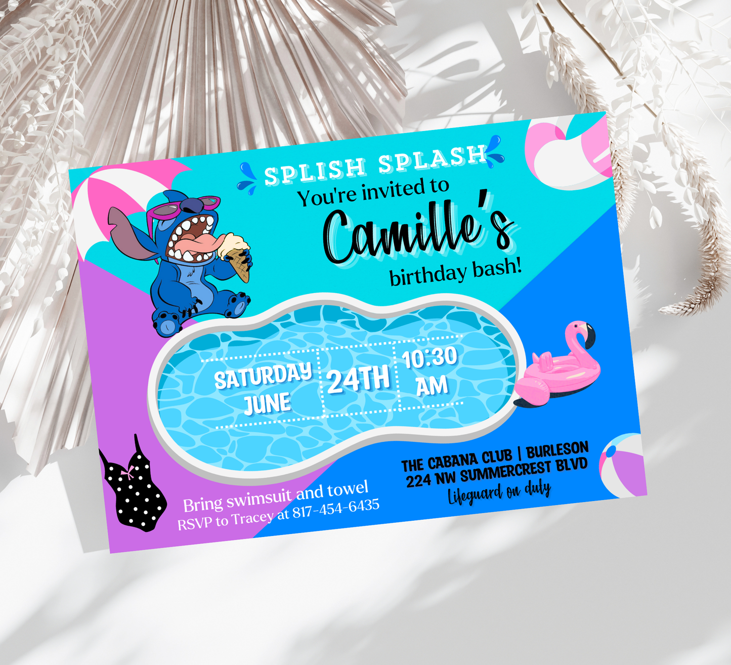 Stitch & Lilo Pool Blue and Purple Birthday Invitation | Tropical Swim Party | Editable Canva Template