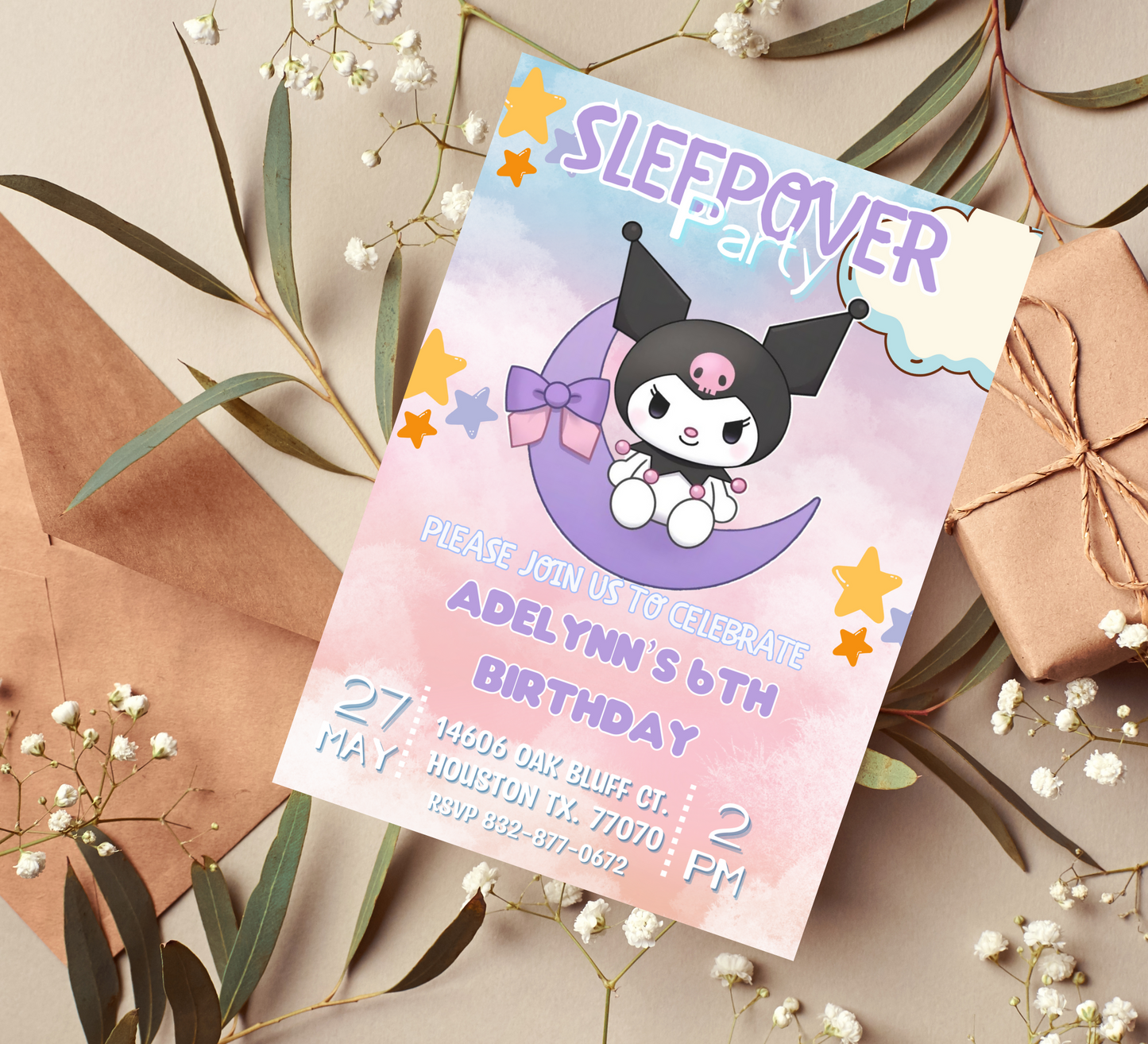 Kuromi Kawaii Sleepover Birthday Invitation | Cute Slumber Party Invite | Editable Canva Template | Pastel Goth Pajama Party Printable